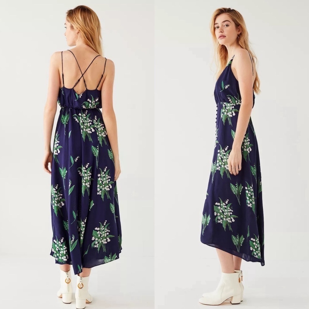 Urban Outfitters Blue Floral Midi Dress 6 Strappy Button Front Slip Dress - Picture 2 of 16